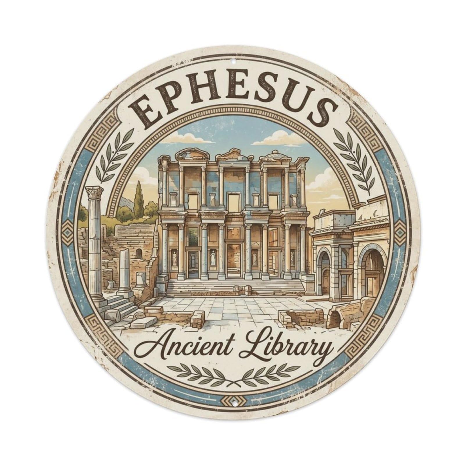 Vintage Travel Ephesus Ancient Library Metal Tin Sign Plaque Wall Decor for Cafe, Club Bar, Office, Home Garden Round Metal Poster 8x8Inch