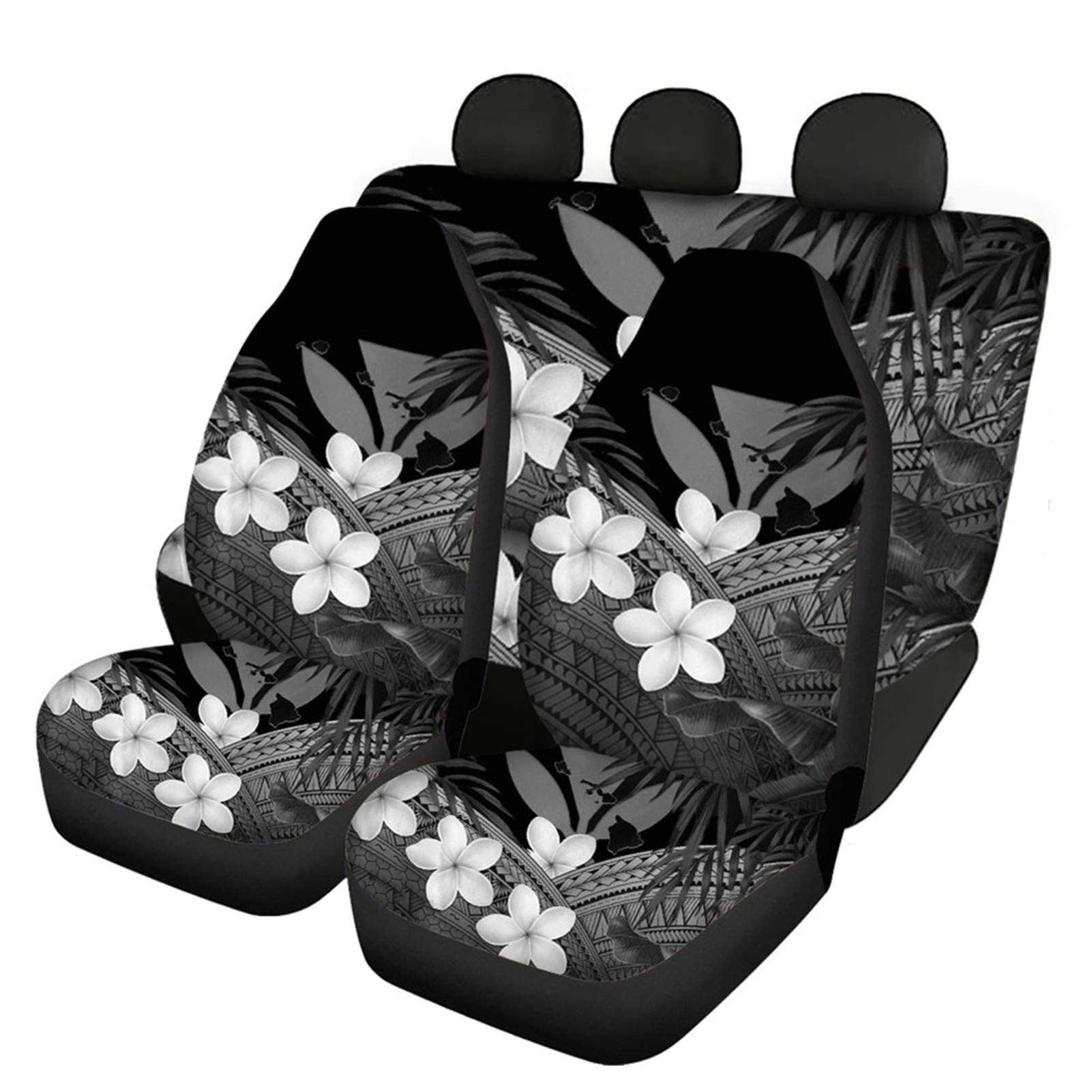 JOAIFO White Black Hibiscus Plumeria & Tribal Samoan Printing Anti-Slip Car Seats Covers Universal Fit Trucks SUVs Sedans,Navajo Front and Rear Seat Protector