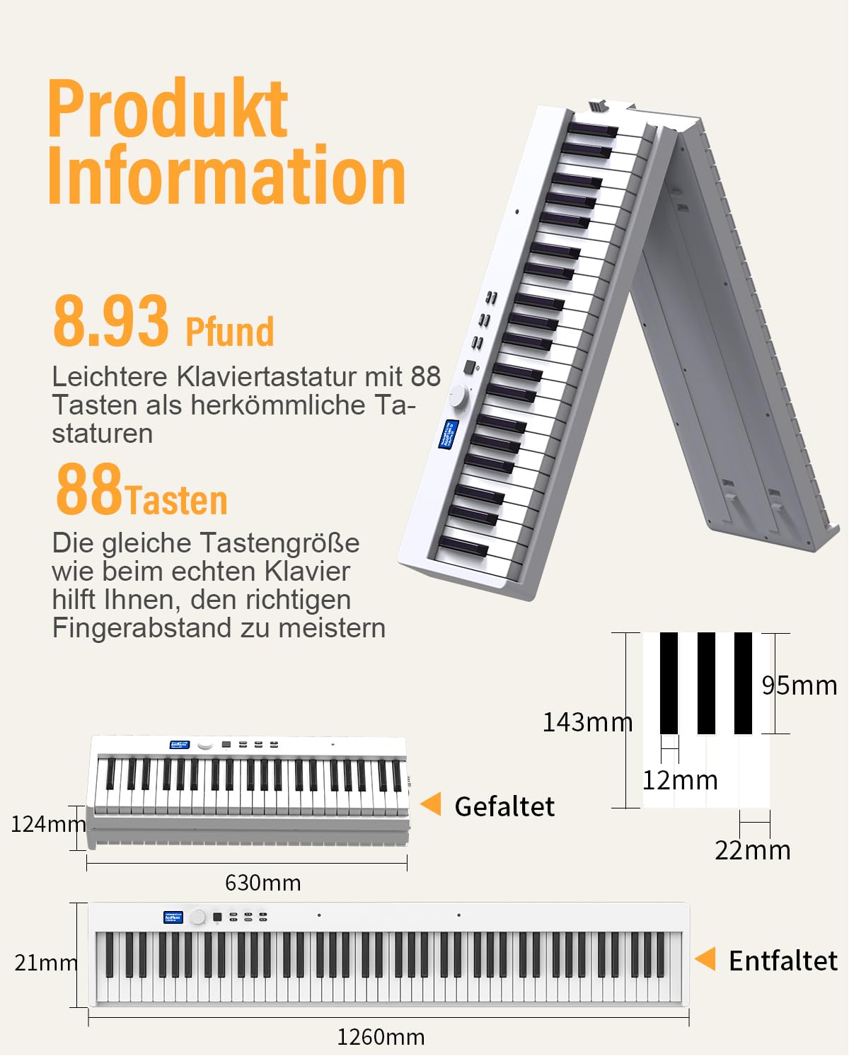 Piano mit 88 Tasten Faltbares Klavier mit LCD Bildschirm & Halbgewichteten Tasten Unterstützung MIDI Bluetooth, Digital Piano Keyboard mit Klaviertasche für Kinder Geburtstags Geschenk