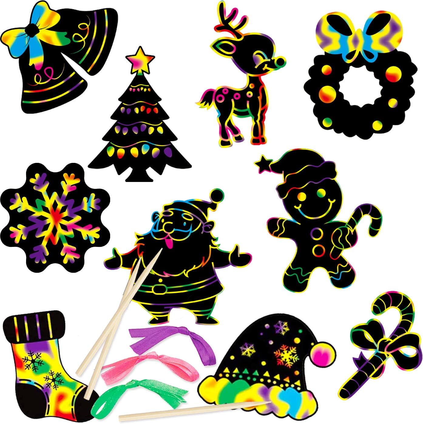 48 Pieces Christmas Scratch Art Hanging Decorations, Christmas Scratch Papers with 48 Pieces Ribbons for Kids Party Bag Fillers