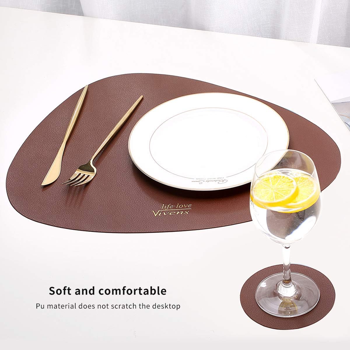 VIVENS Placemat 43 x 34 cm, PU Leather Placemats and Coasters Set of 2, Non-Slip Durable Table Mats Washable Waterproof (Brown) - Image 3