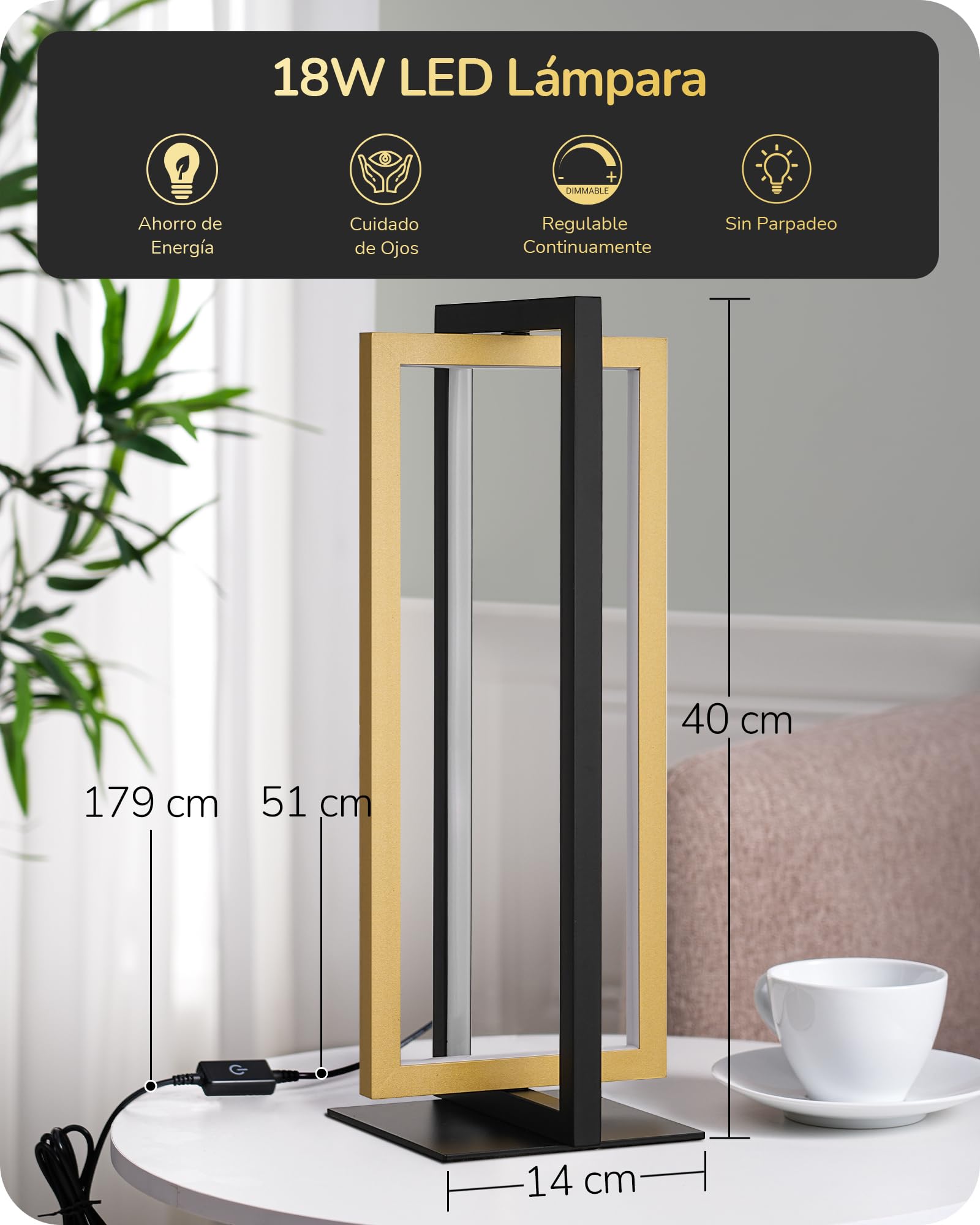 EDISHINE Lámpara de Mesa LED Negro Oro, Táctil Regulable, 3 Temperaturas | Lámpara Mesita con Estructura Metálica Giratoria, Función Memoria, 750 Lúmenes, para Dormitorio, Salón y Oficina