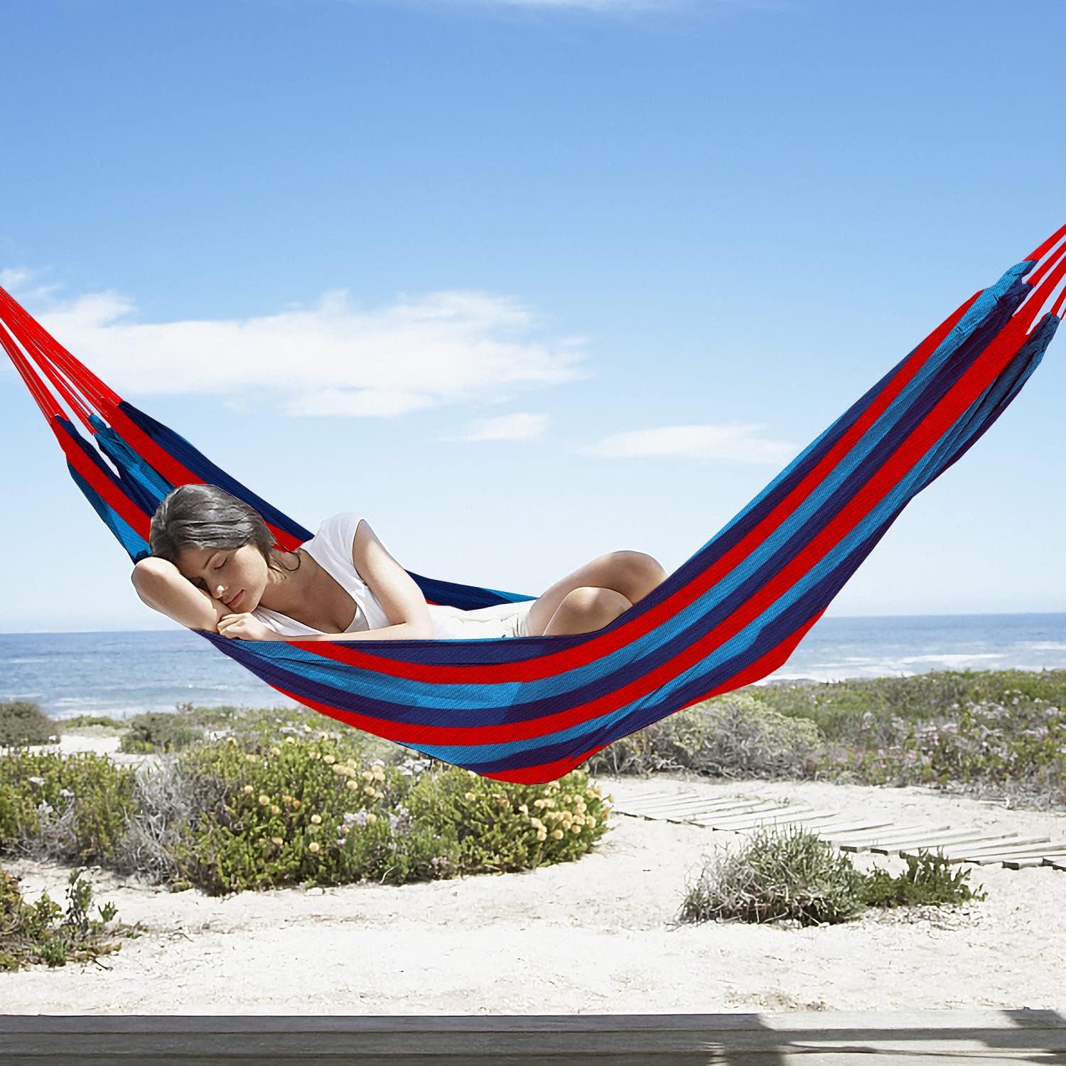 Gold Armour Brazilian Style Hammock with Tree Straps for Hanging - Durable Portable Single/Double Hammock for Camping, Outdoor, Indoor, Patio, Backyard (Blue & Red Stripe) image 4