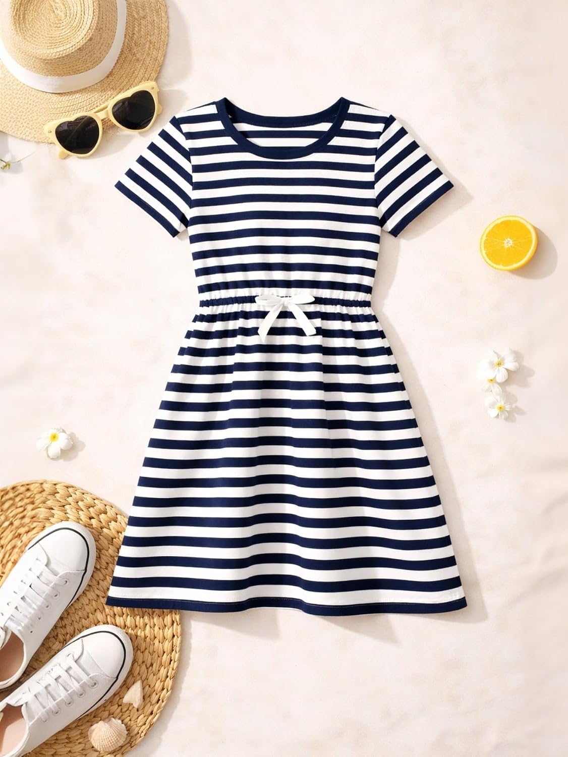 HILEELANG Girls' Striped Dress Elastic Waist Short Sleeve Spring Summer Casual Dress for Ages 5-13