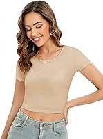 Vista 4 de Paquete de 4 camisetas cortas básicas ajustadas de manga corta para mujer, lindas camisetas cortas de moda con cuello redondo para mujeres