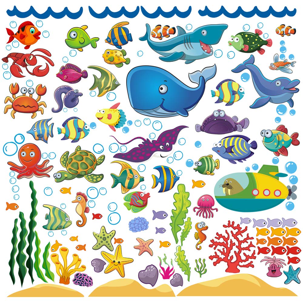 SMALL FISH122 Pcs Under The Sea Wall Decals for Kids and Toddlers' Bathroom and Nursery, Easy Peel and Stick Stickers with Turtles, Dophins, Corals, and More, Removable Ocean Themed Décor
