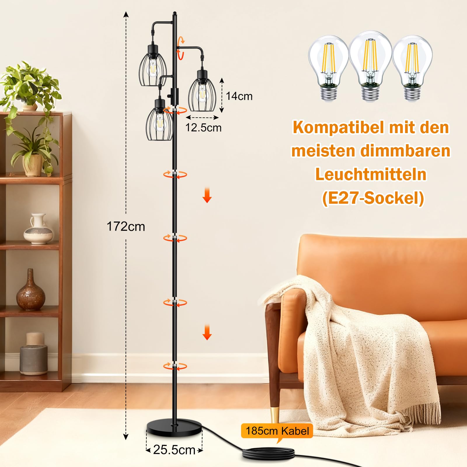 AmazeFan LED Stehlampe Dimmbar, 172cm Stehlampe Wohnzimmer mit 3 x 800LM LED-Glühbirnen, Käfig Lampenschirm aus Metall, Moderne Stehleuchte für Kinderzimmer, Büro, Wohnzimmer, Ecke Nachttischlampe