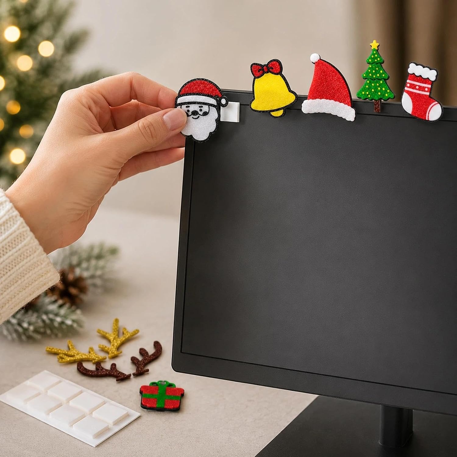 LOGOFUN 8Pcs Christmas Computer Monitor Decor (with Double-Sided Tape) | With Santa Claus Deer Antlers Stocking Figure; For Xmas Car Central Control Screen and TV Edge Decoration