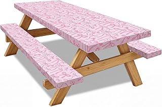 SmoothNovelty Pink Bow Picnic Table Cover with Bench Covers for 6 ft Tab...