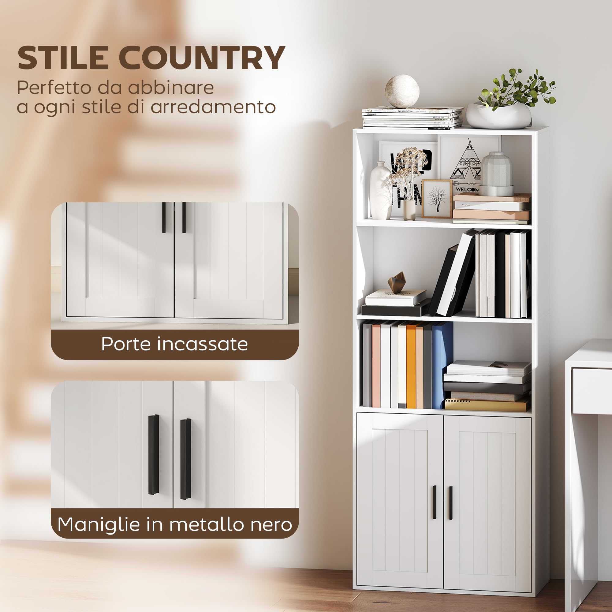 HOMCOM Mobile Libreria a 5 Livelli, con 2 Ante, 60x30x145.5 cm, Bianco