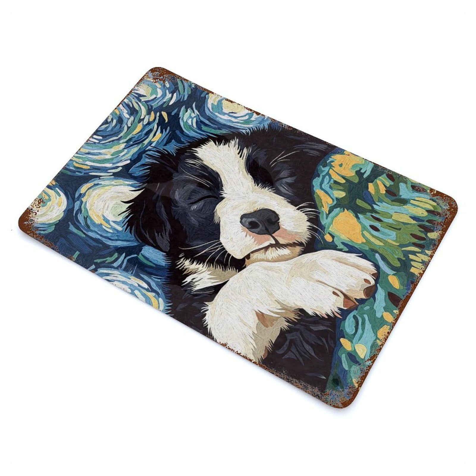 Sleeping Border Collie Starry Night Rusty Metal Tin Sign 11.8"x7.9", for Basement, Hobby Room And Garage Decor, Retro Wall Decor