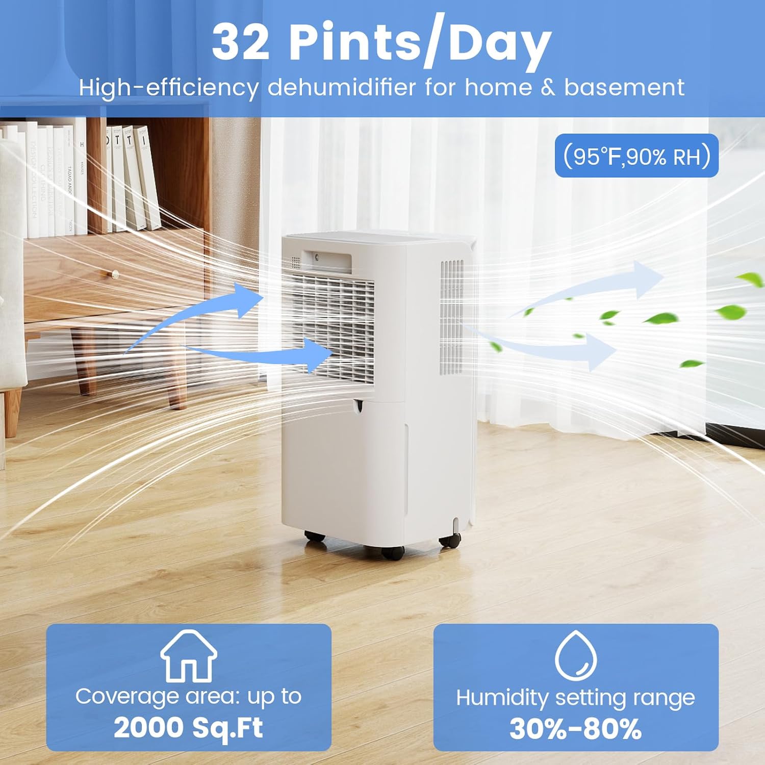 DORTALA 32 Pints Home Dehumidifier, 2000 Sq.Ft Portable Dehumidifiers with Drain Hose and Wheels, 3 Modes, 24H Timer, 3-Color Lights for Bathroom, Bedroom, Basement