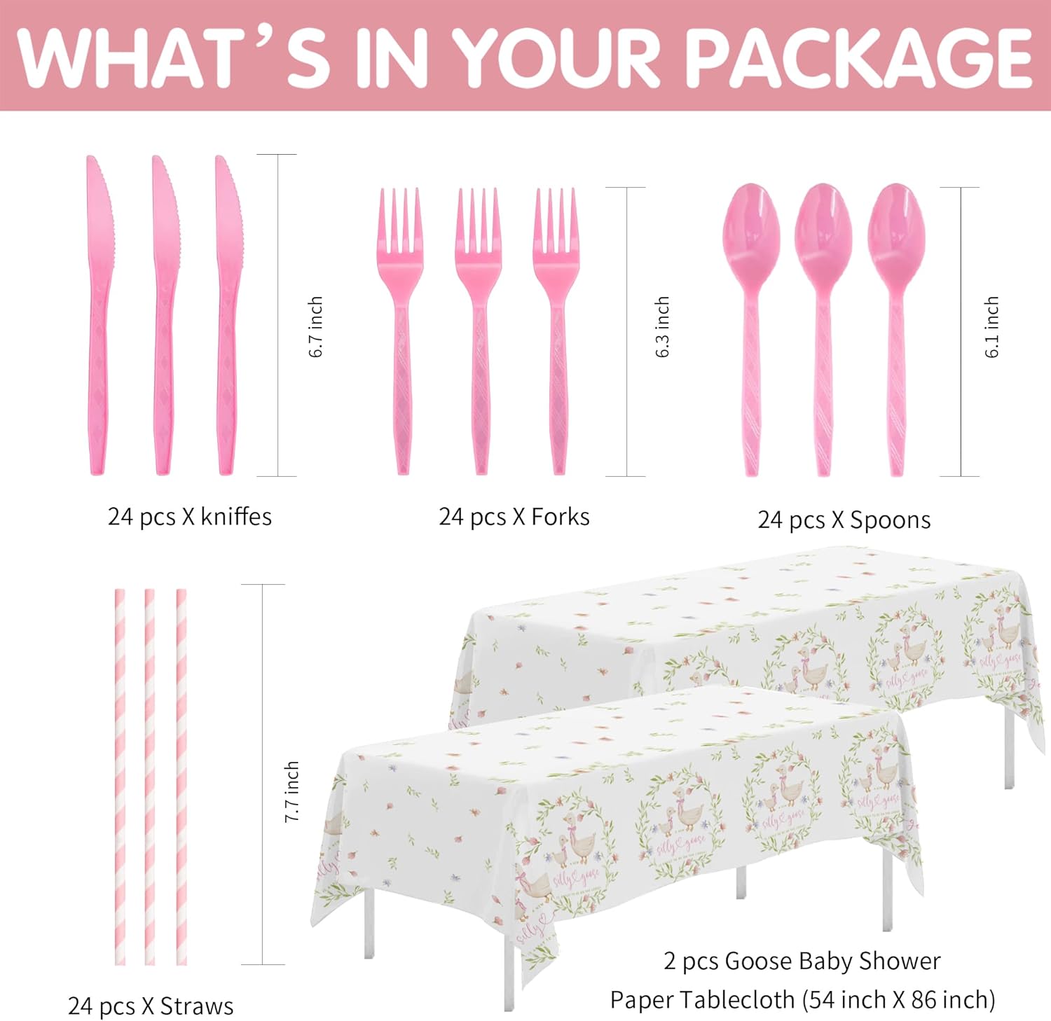 Pink Silly Goose Baby Shower Decorations Tableware, Goose Girl Baby Shower Party Supplies, Paper Plates, Cups, Napkins, Straws, Disposable Cutlery, Tablecloth, Serves 24