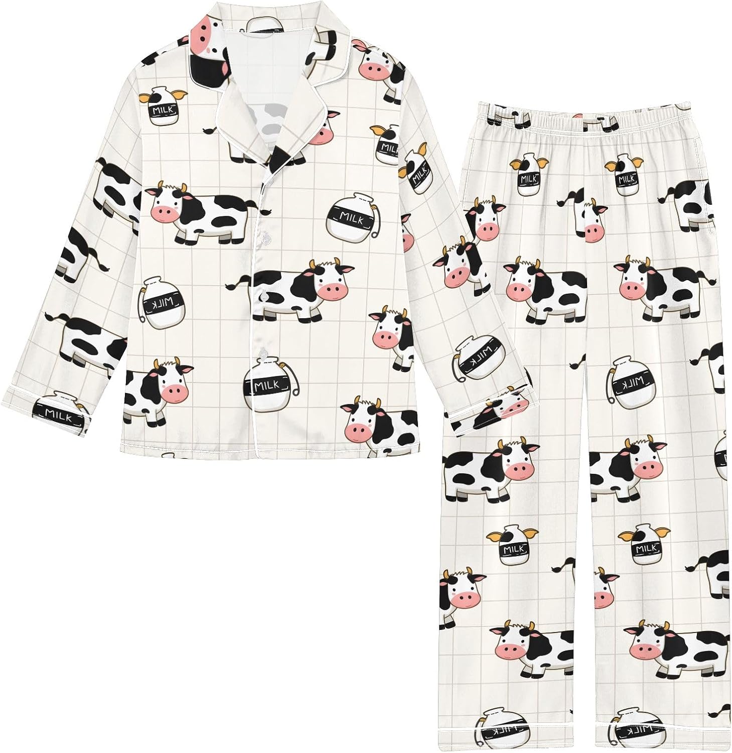 Kids Casual Satin Wear Set Cow Milk Bottle Pattern Unisex Relaxed Fit Clothing