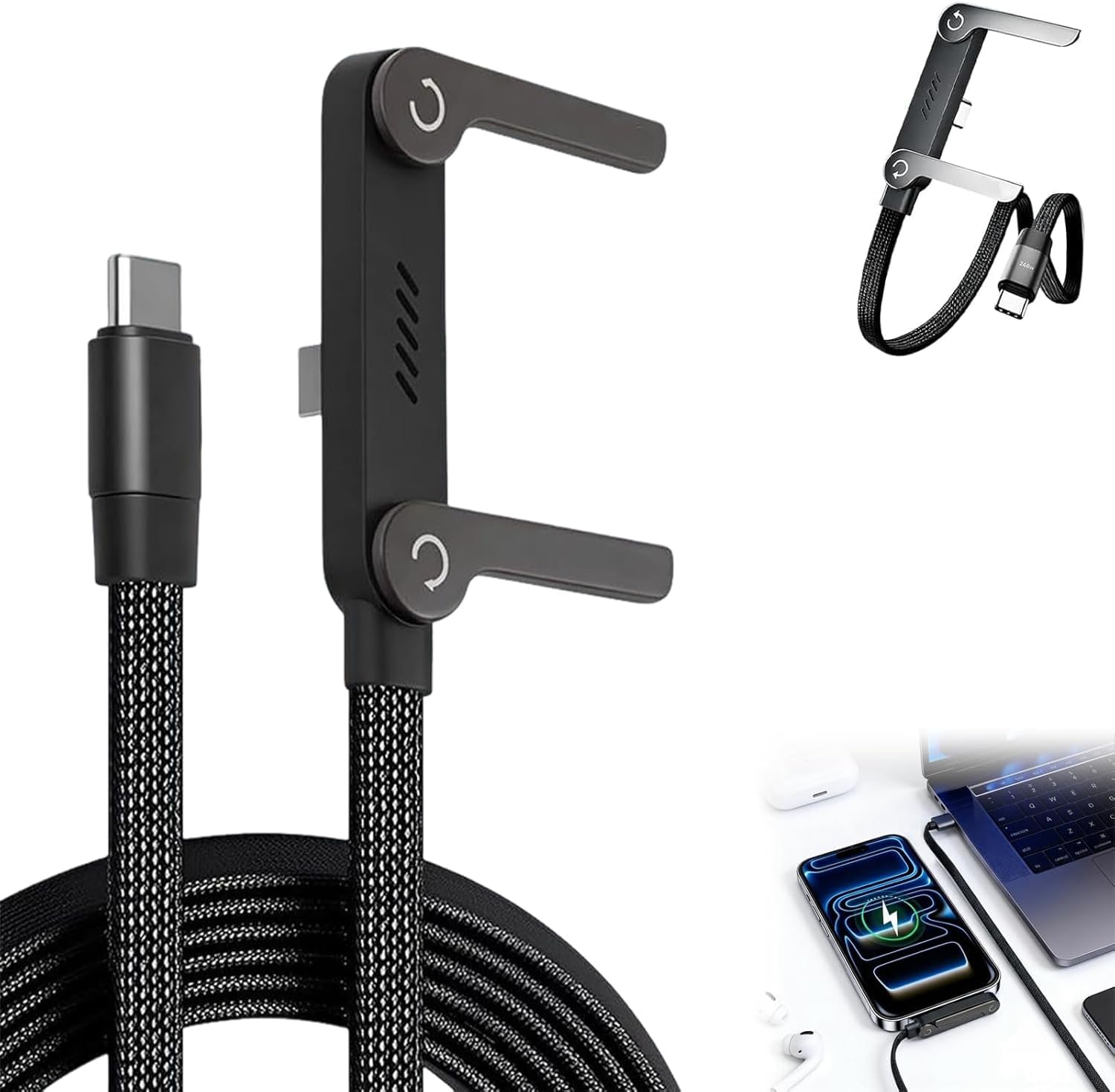 240W USB-C to USB-C Cable 1.5M, Fast Charging with Foldable Stand, Flat & Right-Angle USB-C Cable, Compatible with Smartphones, Tablets, and Laptops