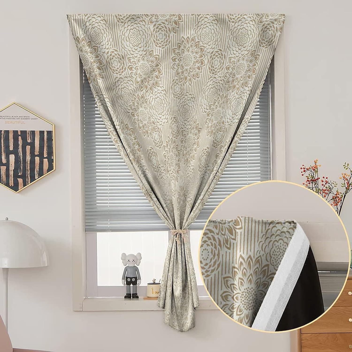XISUNYA Self Adhesive Portable Blackout Curtains, Floral Room Darkening Curtains, Warm Colored Paisley Print Temporary Blackout Blinds,47W x63L Inch, for Bathroom Living Room Bedroom