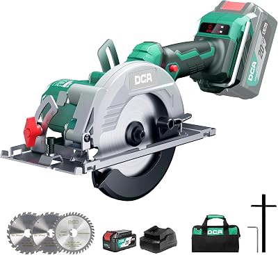 DCA Sega Circolare Mini Senza Spazzole, 2 Velocità 6700/4200 Rpm con 20V 4,0Ah Batteria, 3 Lame Ø125mm e Guida, Profondità Taglio 45mm(90°)/33mm(45°), Per Legno, Plastica, PVC