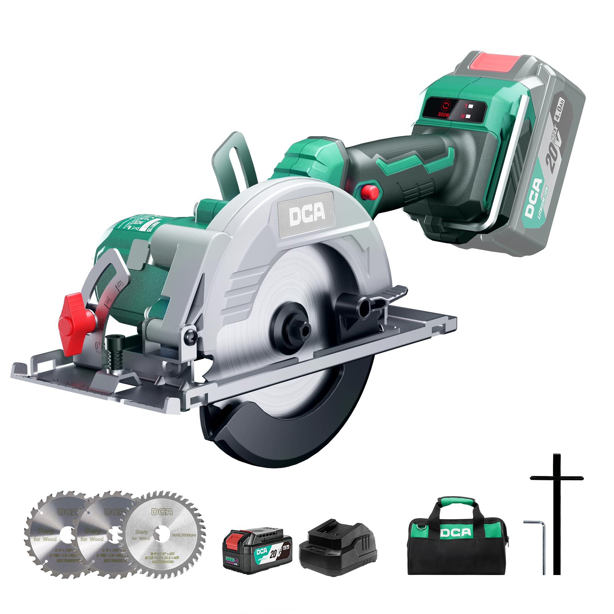 DCA Bürstenlose Akku-Handkreissäge 20V mit 4,0Ah Akku, 2-Gang 6700/4200RPM Kreissäge, 3 Sägeblatt Ø125mm mit Führungsschiene, 45mm(90°)/33mm(45°) Schnitttiefe, Mini Kreissäge für Holz, Plastik, PVC