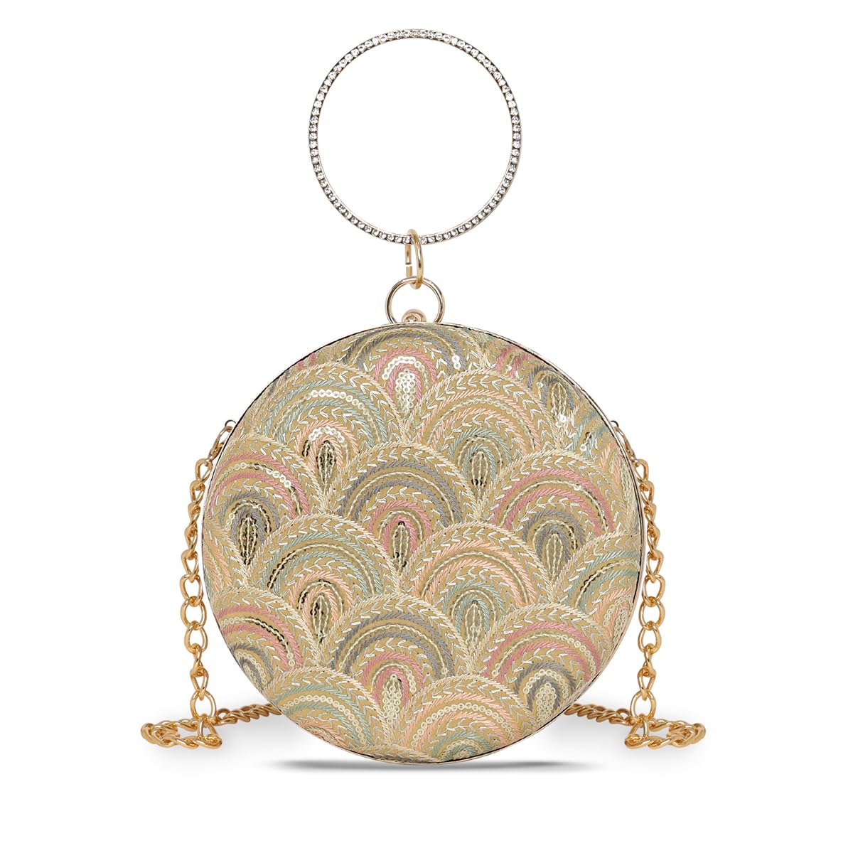 esbeda Gold Color Aurora Embroidered Round Clutch For Womens-picture-44