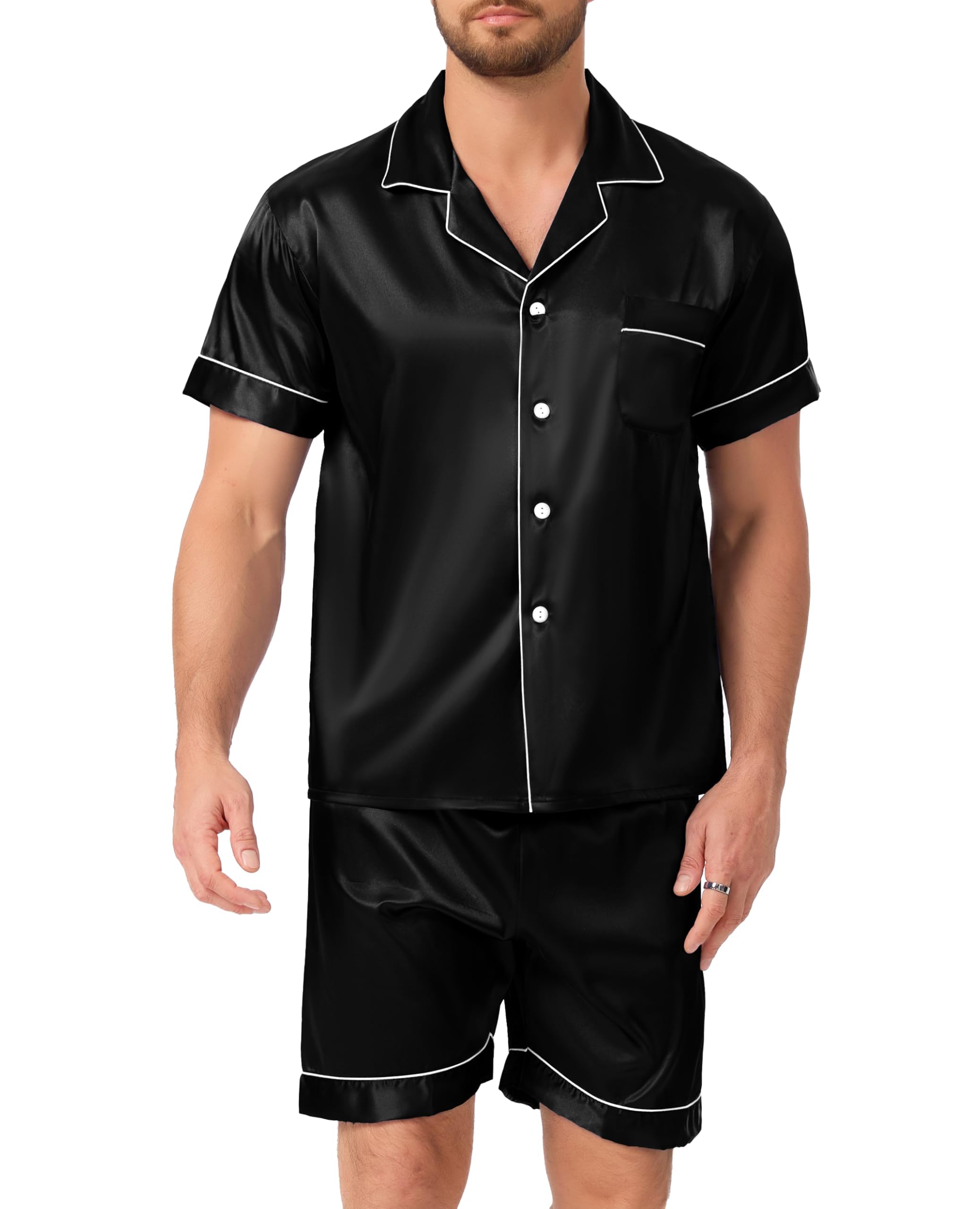 Lovasy Pigiama Uomo in Raso Estivo con Bottoni Davanti Pigiami Set Corta Scollo a V e Maniche Corte 2 Pezzi Seta Pigiama da Casa Leggero T-Shirt
