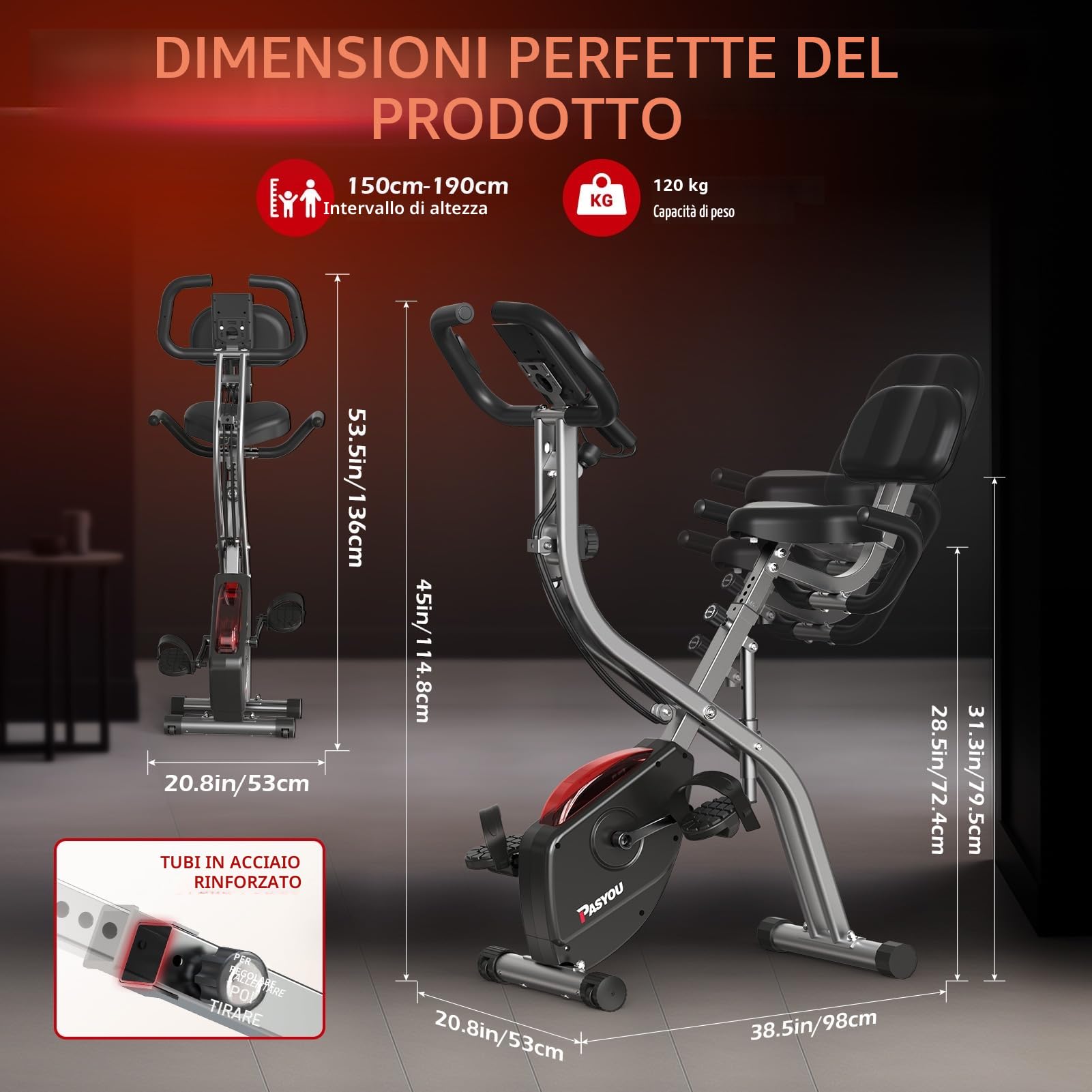 PASYOU Cyclette Pieghevole 3 in 1, Bicicletta magneticaper la Casa, Spinning Bike con monitor LCD e sensore di frequenza cardiaca, Cyclette a 10 livelli di resistenza magnetica,Salvaspazio