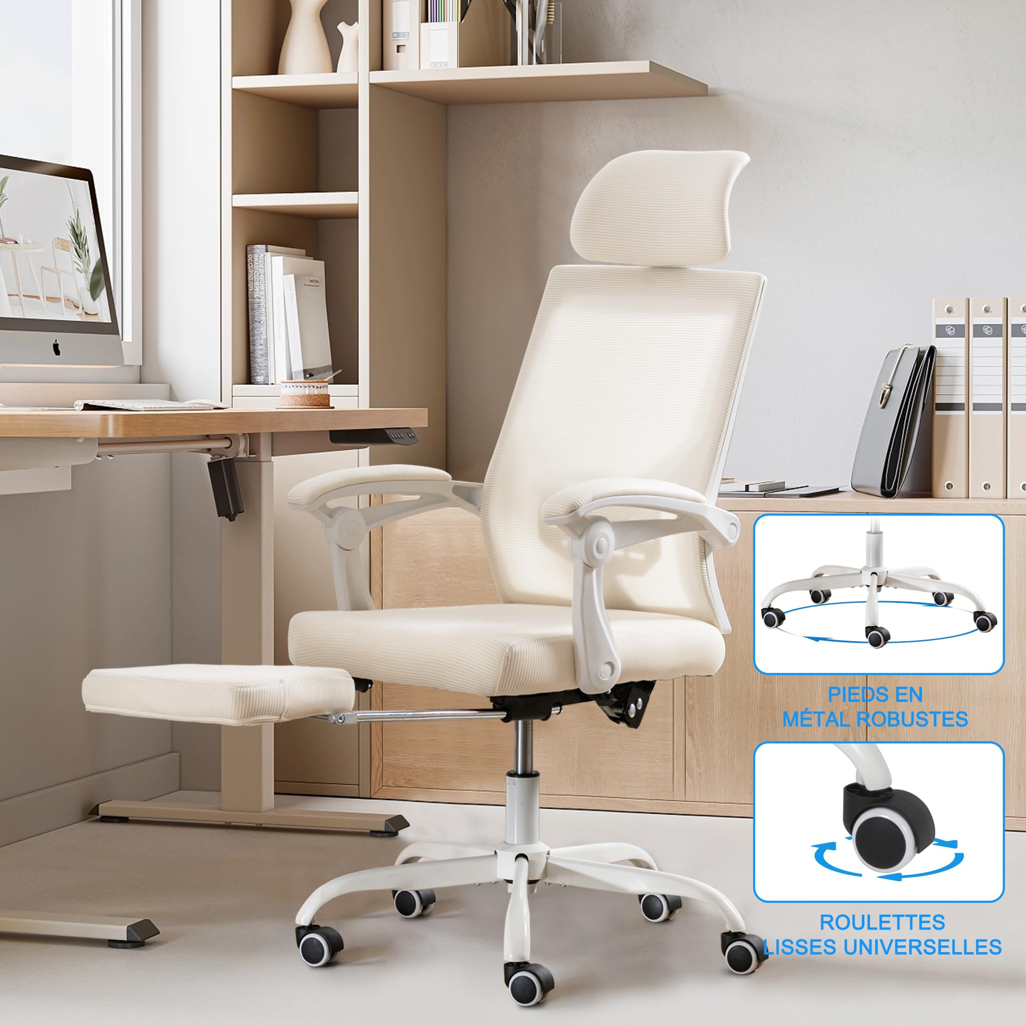 UEV Chaise Bureau Ergonomique, en Maille Respirant, Capacité 136kg, Beige