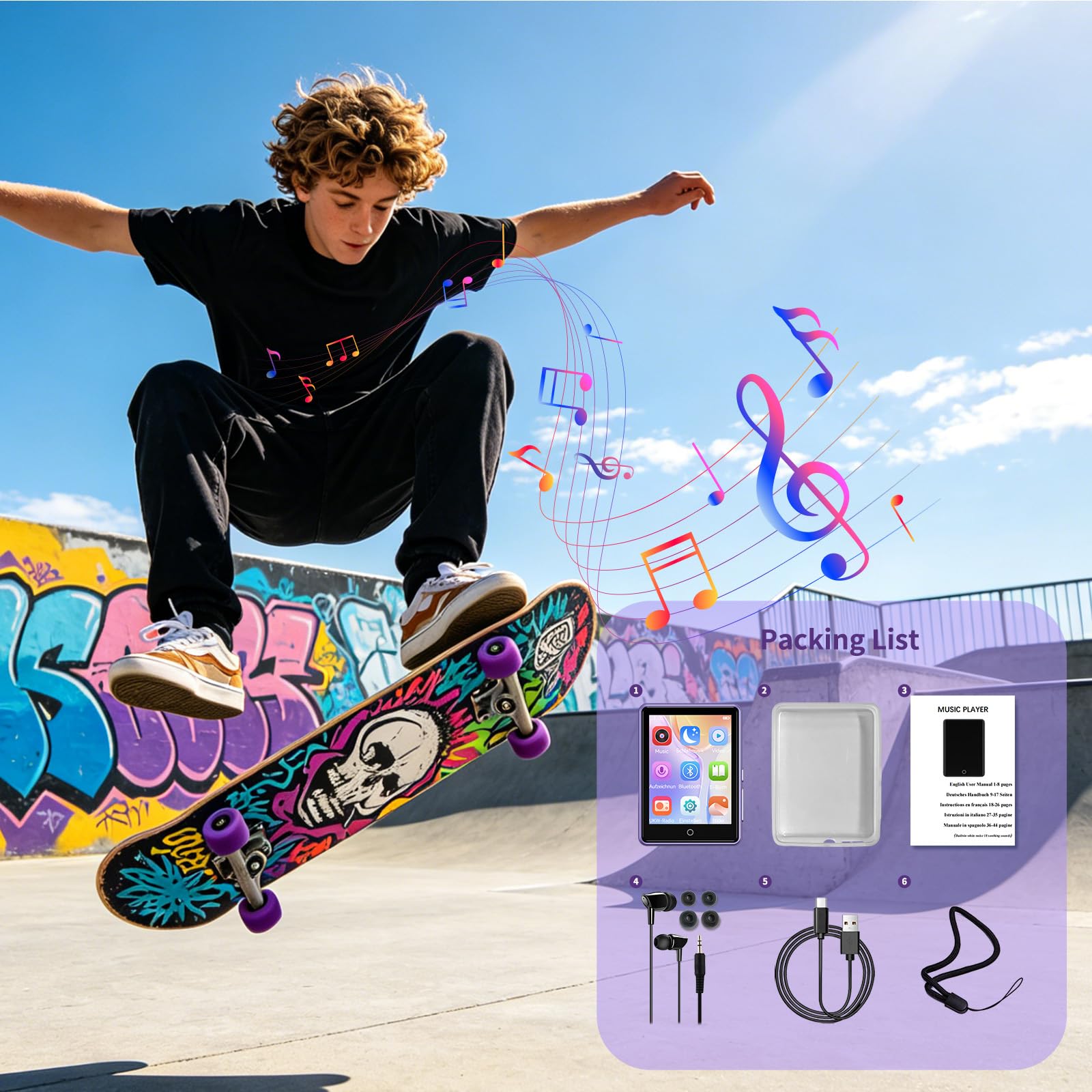 32Go Lecteur MP3 Bluetooth 5.3, 2,8" écran Tactile, Bruit Blanc (18 Sons), Lecteur MP3 Portable HiFi pour Enfants, avec Haut-Parleur, jusqu'à 45 Heures d'autonomie, Radio FM, Extensible 128 Go