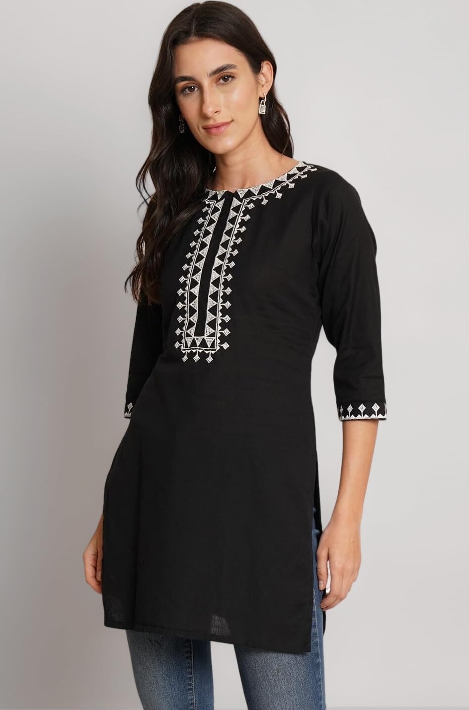 Brownverse Pure Cotton Embroidered Women Short Kurta