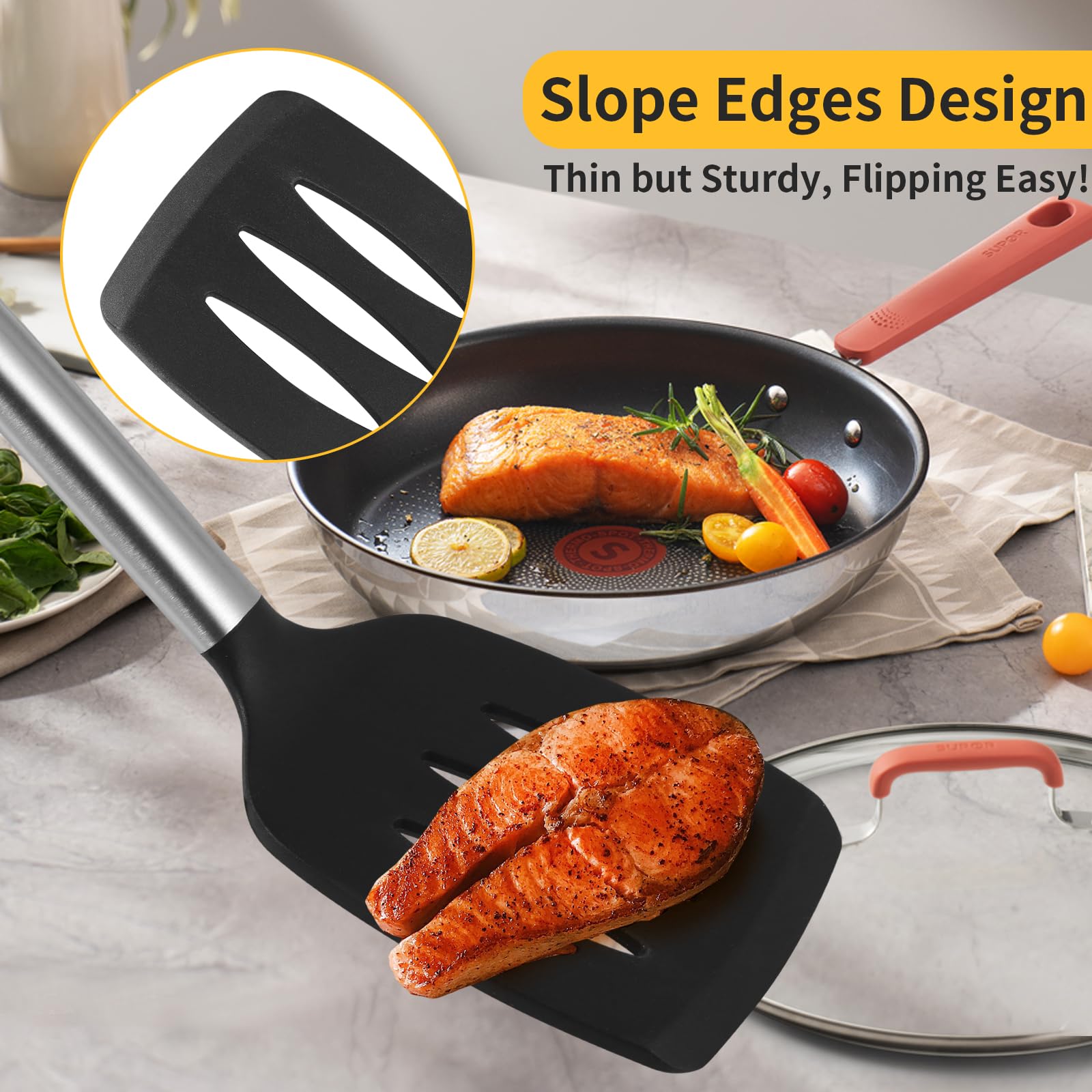 FHISKUNYU Silikon Pfannenwender 2er Set – Hitzebeständig, Kratzfest, Mit Abtropfdesign