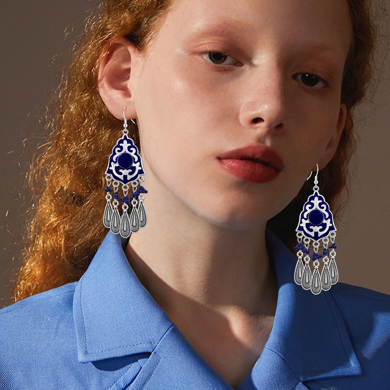 Bohemian Dainty Crystal Teardrop Vintage Sliver Fringe Lightweight Dangle Drop Earrings Ethnic Enamel Flower Tassel Hook Earrings For Women Jewelry Gifts - Image 4