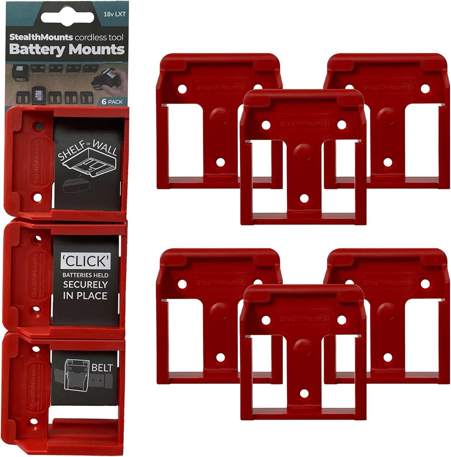 StealthMounts Battery Holders for Makita LXT | Cordless Battery Mounts for Makita 18v Power Tools | 6 Pack | Red Battery Organizer for Makita