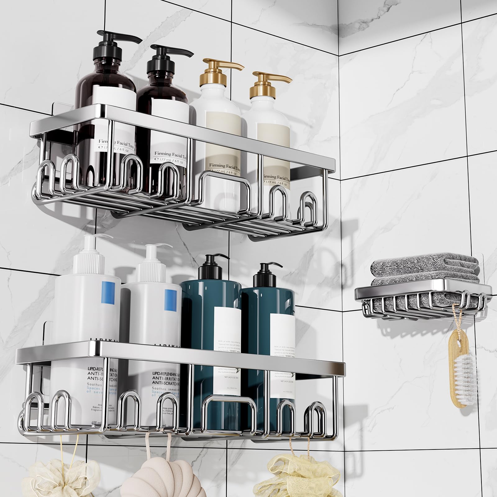 Veken Shower Caddy 3-Pack, Advanced Rustproof Design, No Drilling Adhesive Shelves, Rack with Soap Holder, Large Capacity Bathroom Organizers and Storage, Wall-Mounted Kitchen & Home Decor
