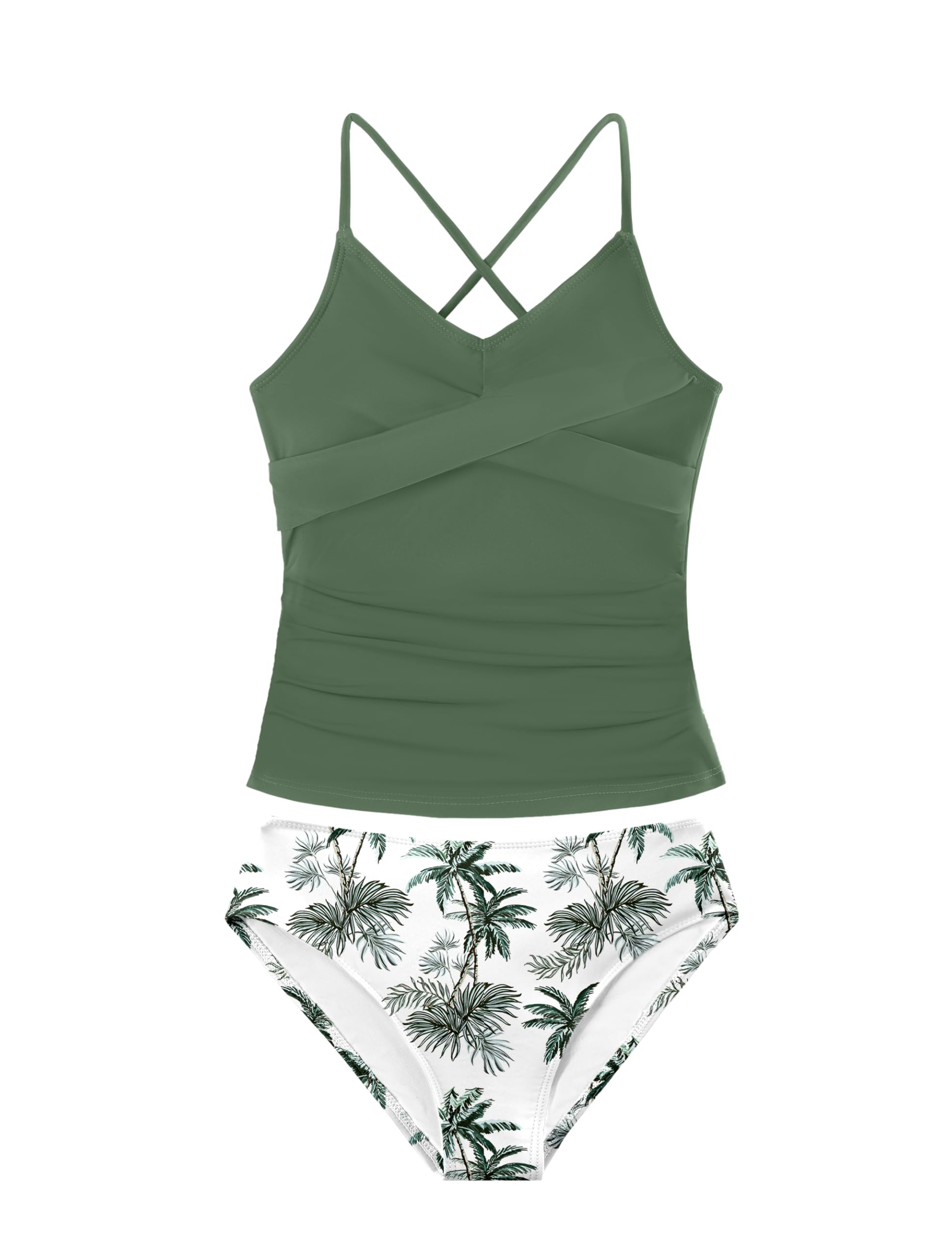 Girls Swimsuit Tankini Criss Cross Ruched 2 Piece Bathing Suit Printed Girl Swimwear for Teens 9-16Y