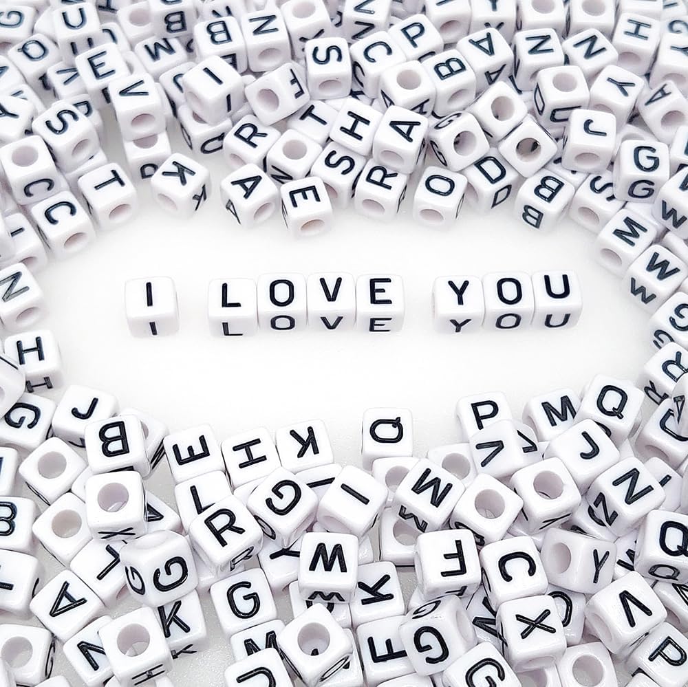 300+ Pieces 10x10mm Big Large White Cube Acrylic Alphabet Letter Beads A-Z Mixed Plastic Shape Loose Beads for Jewelry Making Bracelets Necklaces Key Chains (Black on White)