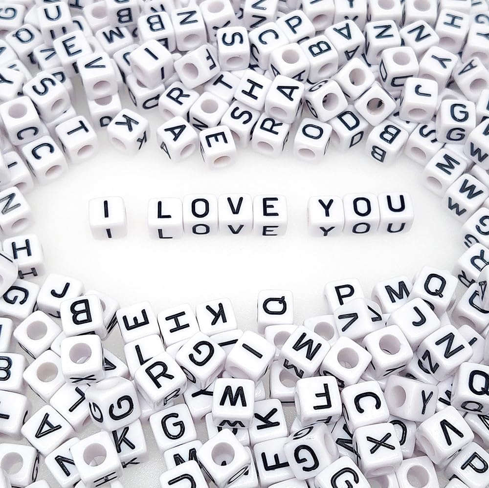 300+ Pieces 10x10mm Big Large White Cube Acrylic Alphabet Letter Beads A-Z Mixed Plastic Shape Loose Beads for Jewelry Making Bracelets Necklaces Key Chains (Black on White)