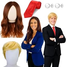 Janinka 4 Pcs Halloween Presidential Candidate Costume Include Long Wavy Wig Short Blonde Wig with Hair Net Red Tie and Pearl Earrings for Men Women Halloween Cosplay Party