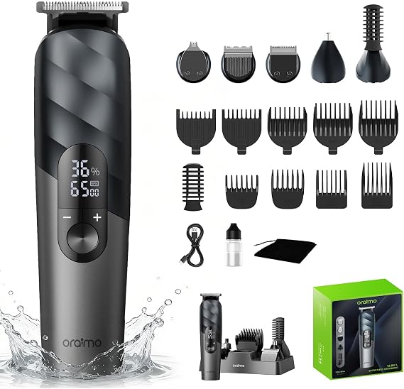 Oraimo 16-in-1 Men's Grooming Kit, Cordless Hair Clipper & Beard Trimmer, Nose Ear Facial Body Shaver with Multiple Guide Combs, IPX7 Waterproof Rechargeable All in One Barber Set with Storage Stand