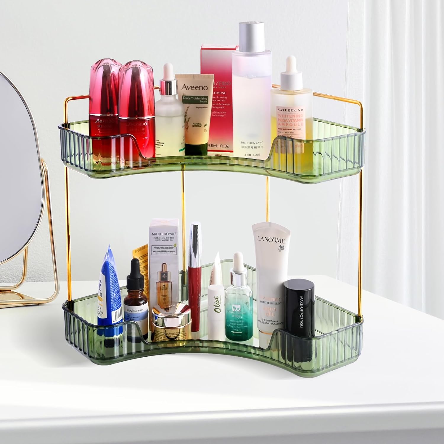Multifunctional Shelf 2-Tier Corner Bathroom Counter Organizer, Skincare Makeup Organizer Shelf ，Corner Storage Organizers for Bathroom Vanity Table Kitchen