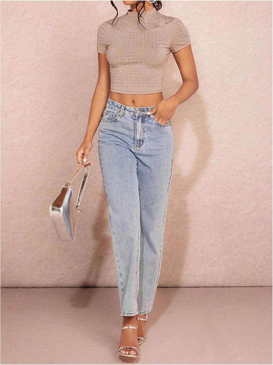 WDIRARA Women's Y2k Rhinestone Crop Tops Mock Neck Short Sleeve Slim Fit Tee Shirt - Image 3