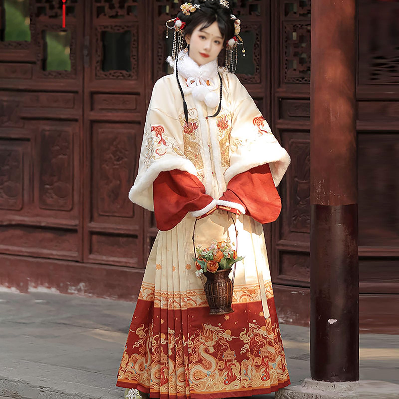 Ciepły haftowany komplet Hanfu (59-69 cali), zimowa sukienka Hanfu (83-165 funtów), odzież wierzchnia + bielizna + spódnica + futrzany kołnierz