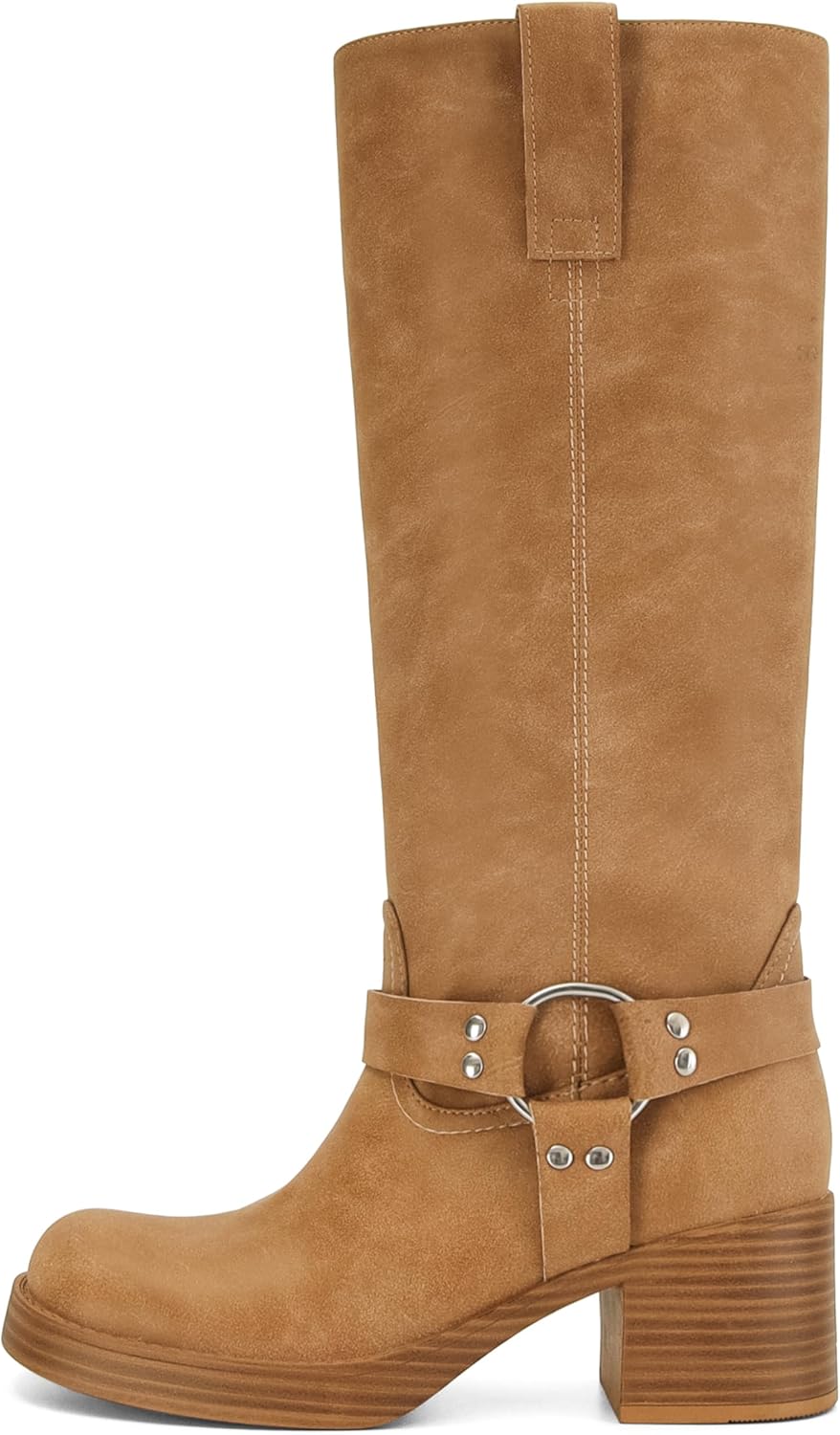 XBKXMK Women's Knee High Riding Boots Round Toe Block Heel Fashion Motorcycle Booties Side Zipper Wide Calf Biker Riding Boots with Studs