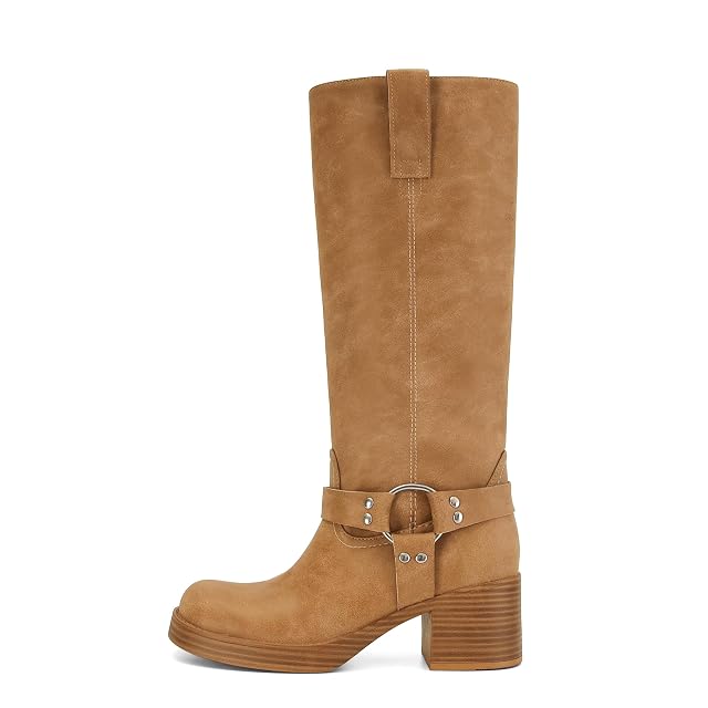 Womens Knee High Riding Boots Round Toe Block Heel Fashion Motorcycle Booties Side Zipper Wide Calf Biker Riding
