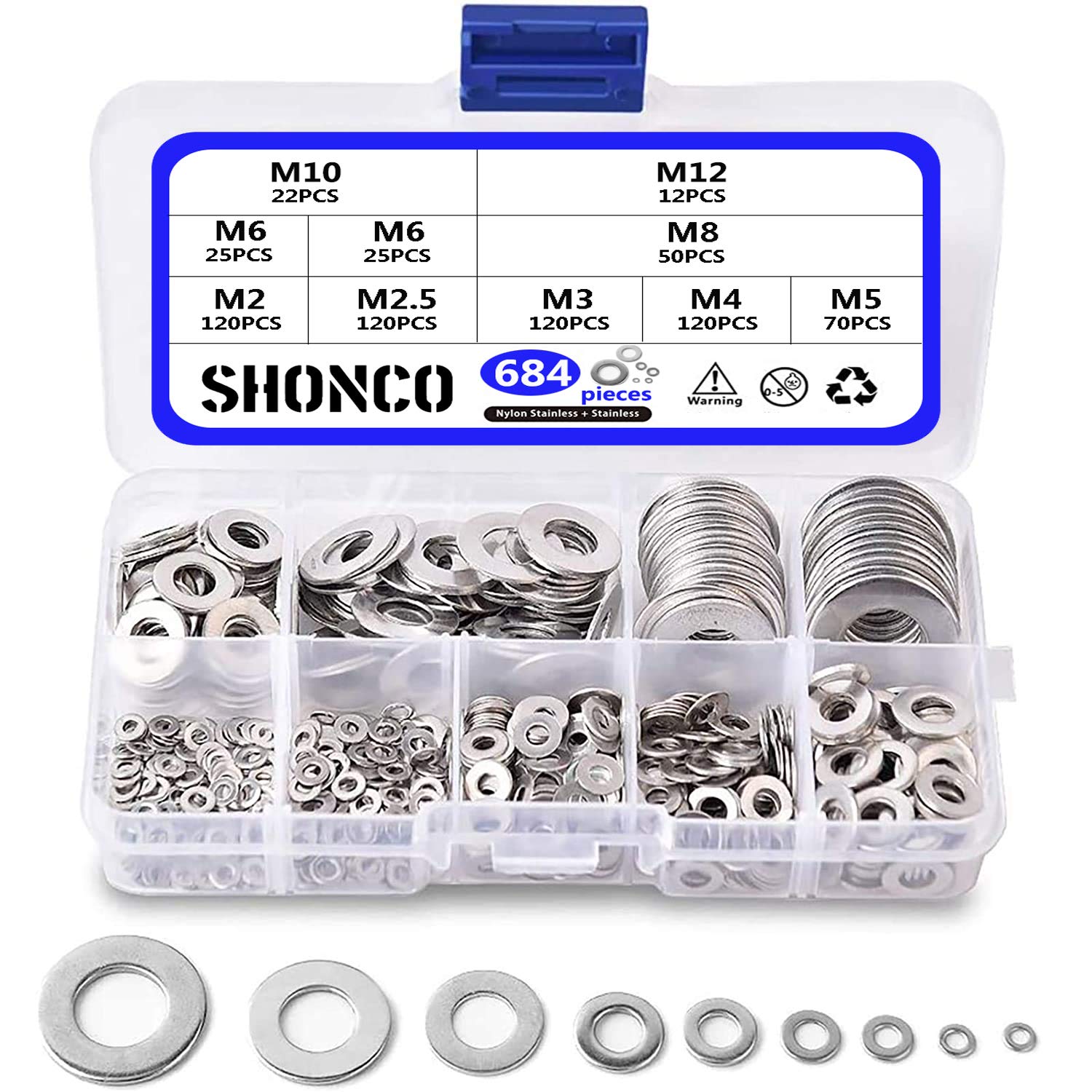 SHONCOLock Nuts Set With Flat Washers, Stainless Steel Locknut Assortment, M3 M4 M5 M6 M8 M10 M12 Threaded Inserts Hex Nut Set (684PCS)