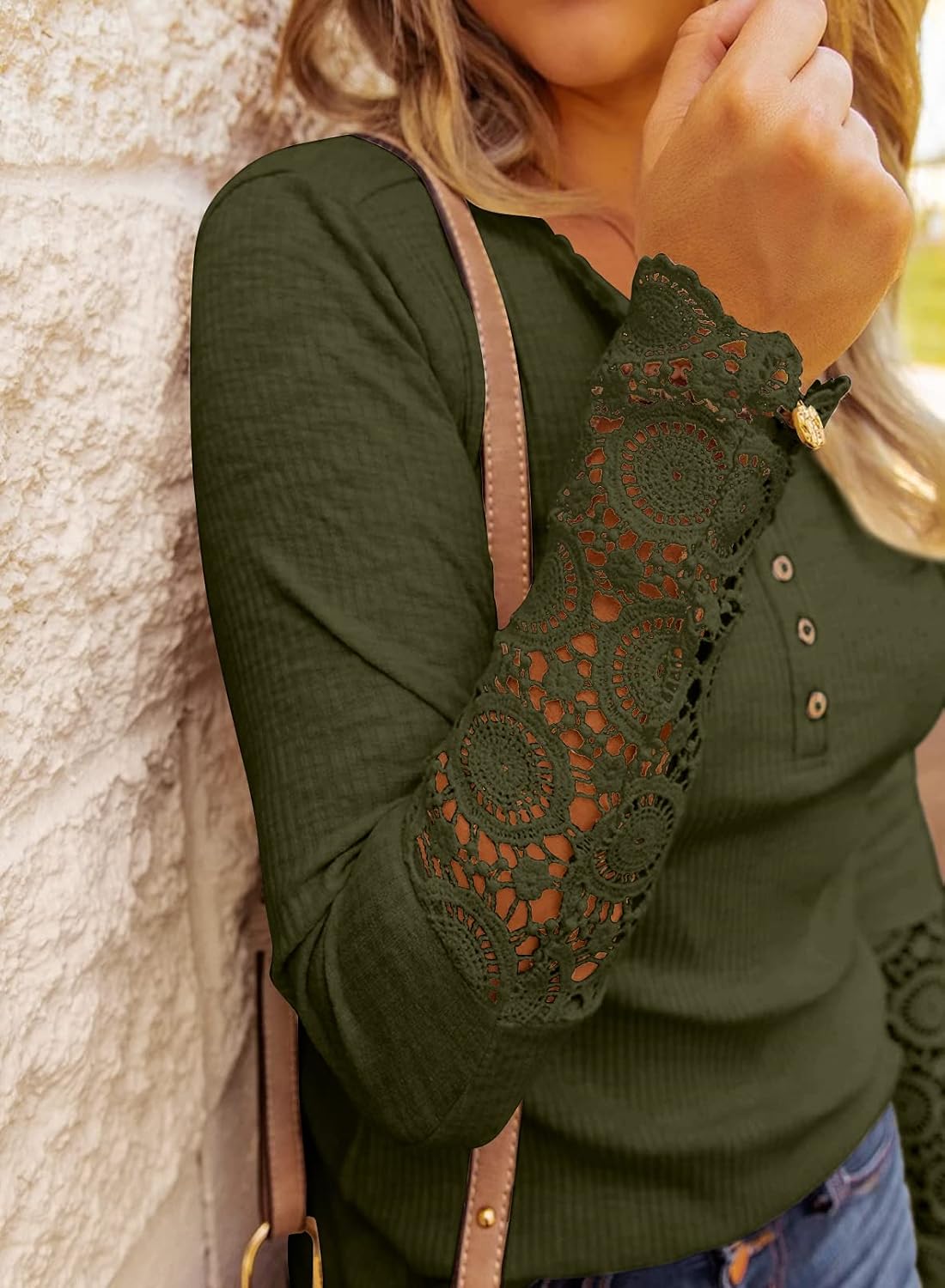 BTFBM Women Long Sleeve V Neck Button Up Solid Tops Blouses Trendy Slim Fit Lace Sleeves Ribbed Knit Casual Shirts Tunic