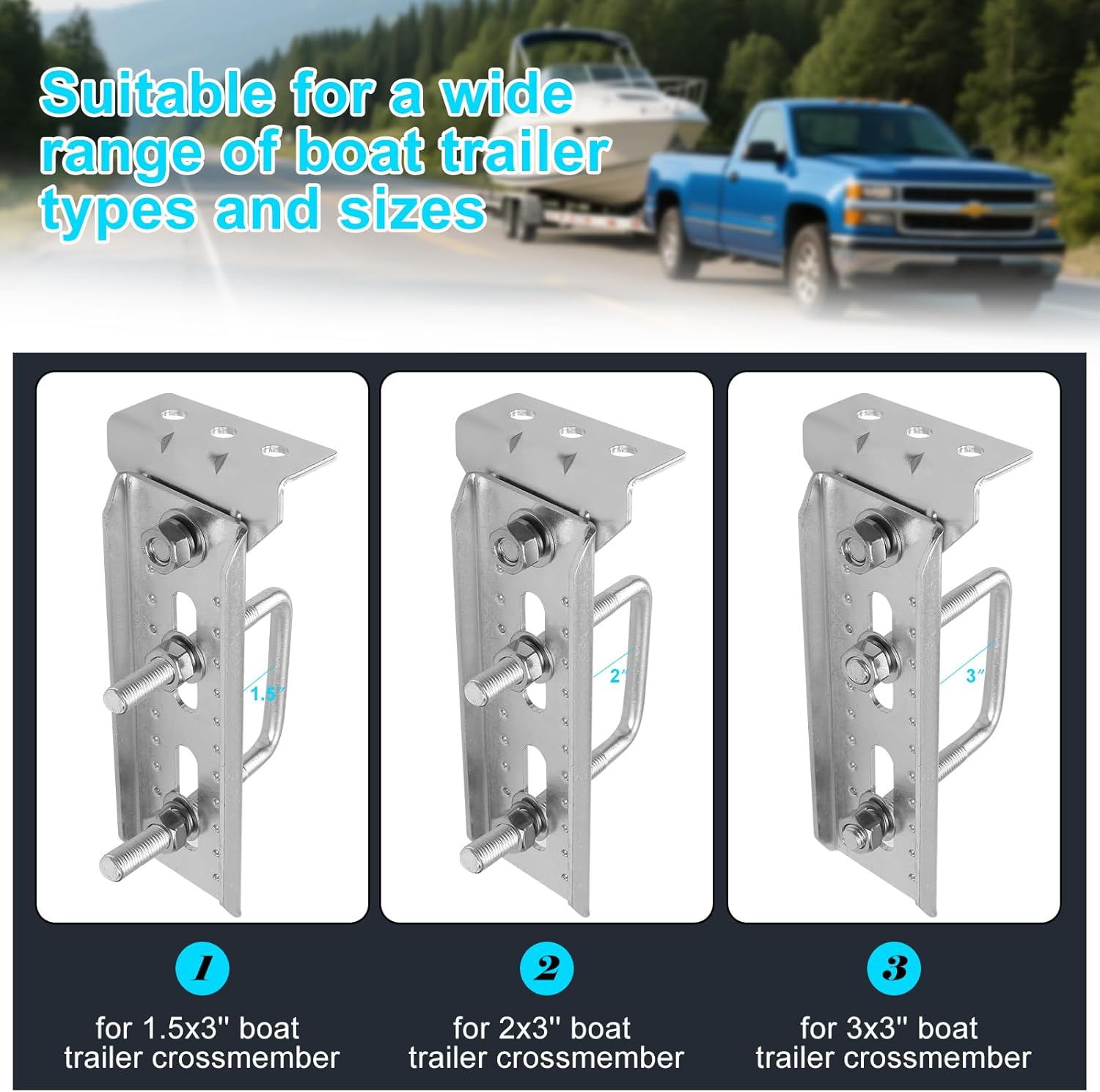 4PCS 8" Heavy Duty Boat Trailer Bunk Brackets,Adjustable Galvanized Swivel Top Bunk Bracket with Square U-Bolts for 3"x3",2"x3",1.5"x3" Boat Trailer Crossmember