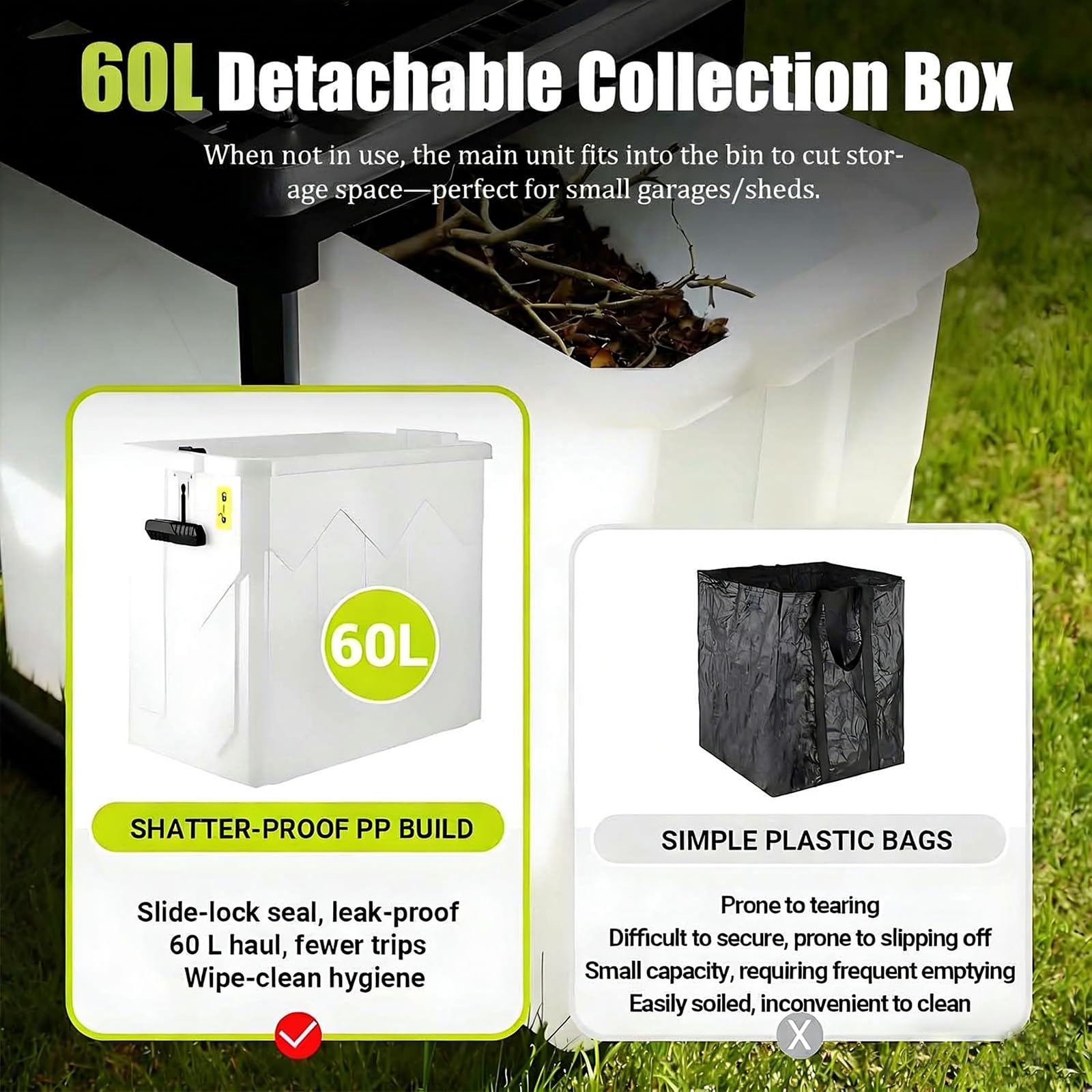 Trituradora De Jardín Eléctrica 2800W, Capacidad De Corte 45mm, Astilladora Con Contenedor Extraíble 60L, Cuchillas De Acero Reversibles, Trituradora Silenciosa Para Compost & Paisajismo