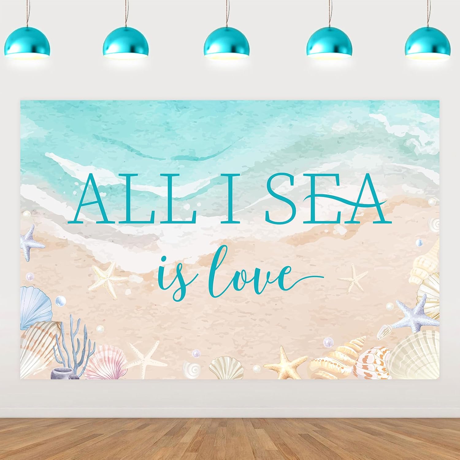 Beach Shell Bridal Shower Decor 4.92*3.28ft All I Sea Is Love Backdrop Banner Mermaid Bachelorette Decor Ocean Nautical Coastal Party Supplies for Surf Summer Seaside Engagement Wedding Party