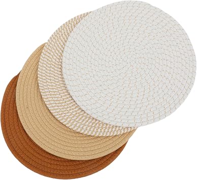4pcs Round Woven Place Mats Xmas Cotton Rope Heat Resistant