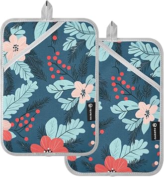 Christmas Floral Pattern Coral Designed Pot Holders Kitchen Heat Resistant Hot Pot Holders for Kitchen with Pocket Oven Pads 2 Pack