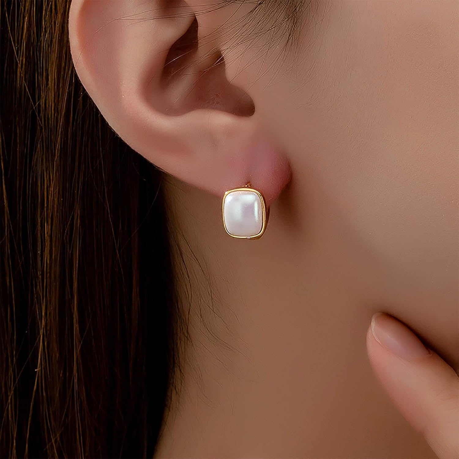 Boho Square Pearl Dangle Earrings Gold Pearl Hoop Earrings Vintage Baroque Pearl Earrings Pearl Hoop Huggie Earrings Minimalist Square Stud Earrings Jewelry for Women - Image 2